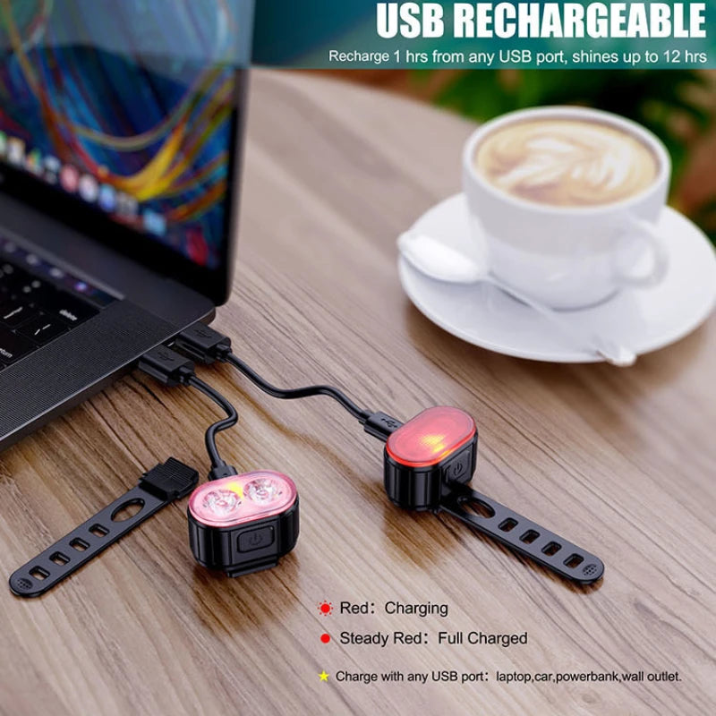 Juego de Luces Delanteras y Traseras para Bicicleta – Recargables USB, 3–12h, Impermeables IPX4