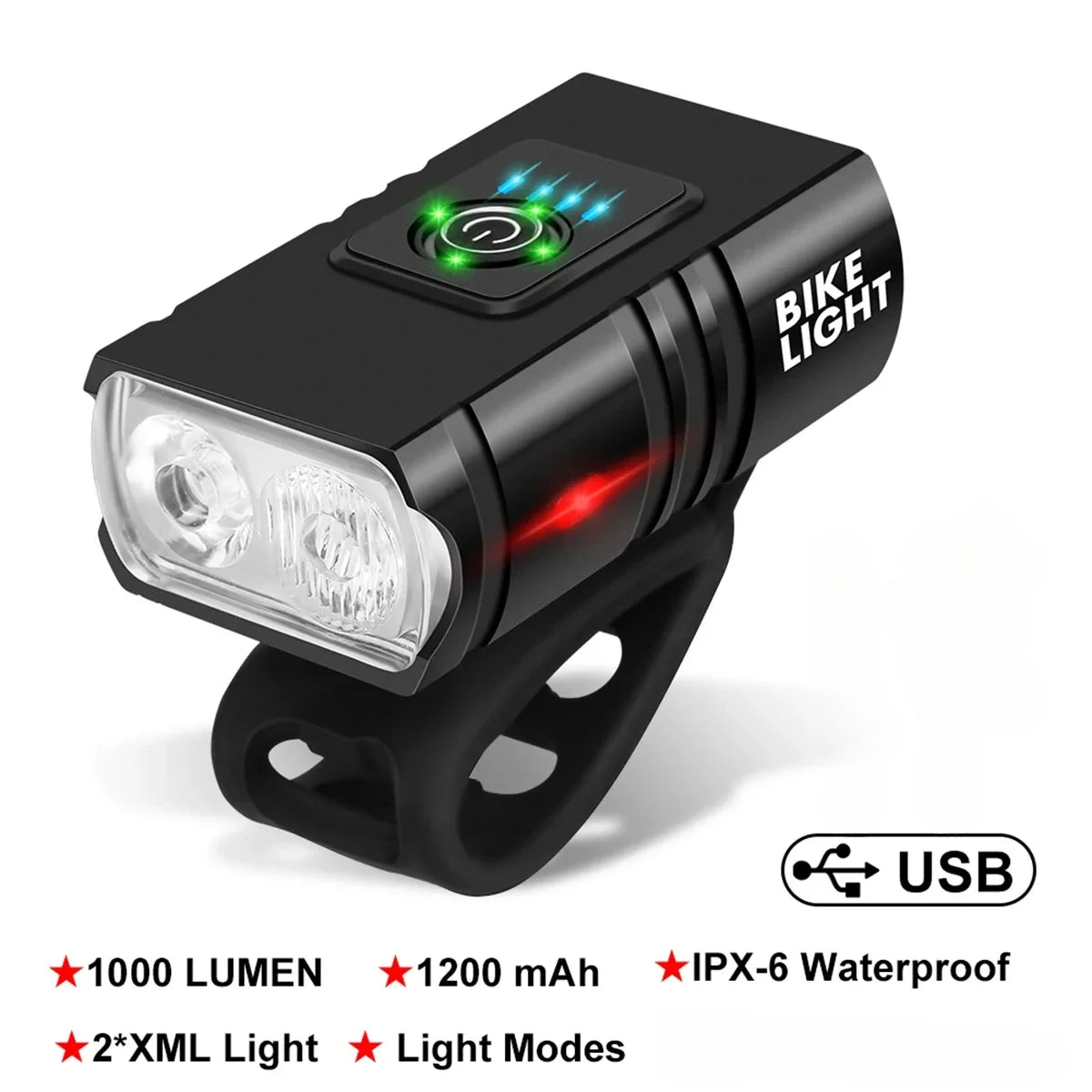 Luz Delantera para Bicicleta Recargable USB-C – 360° Giratoria, Impermeable IPX5